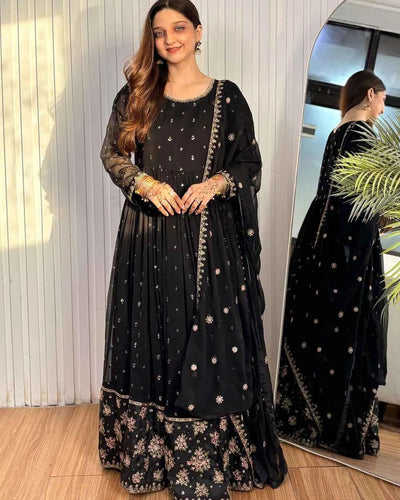 ECLIPSE – Black Embroidered Chiffon Flared Pishwas — Eid Party Wear 3-Piece