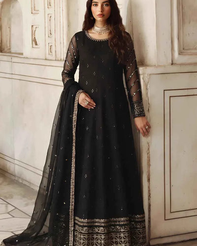 RAVEN – Black Embroidered Chiffon Anarkali Maxi — Party Wear 3-Piece