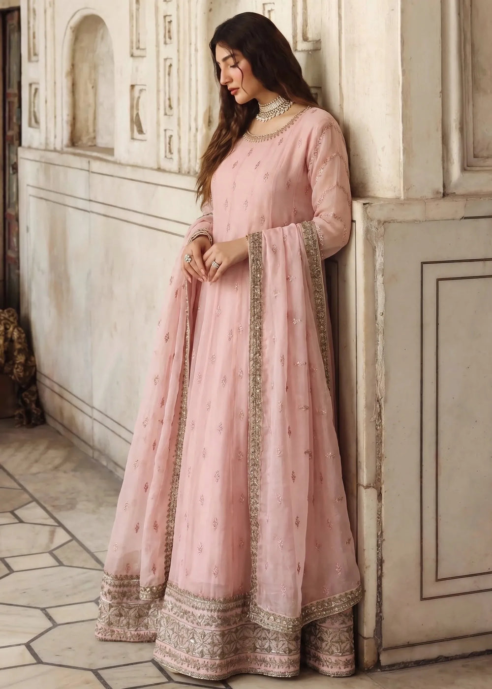 Blossom Pink Embroidered Chiffon Maxi