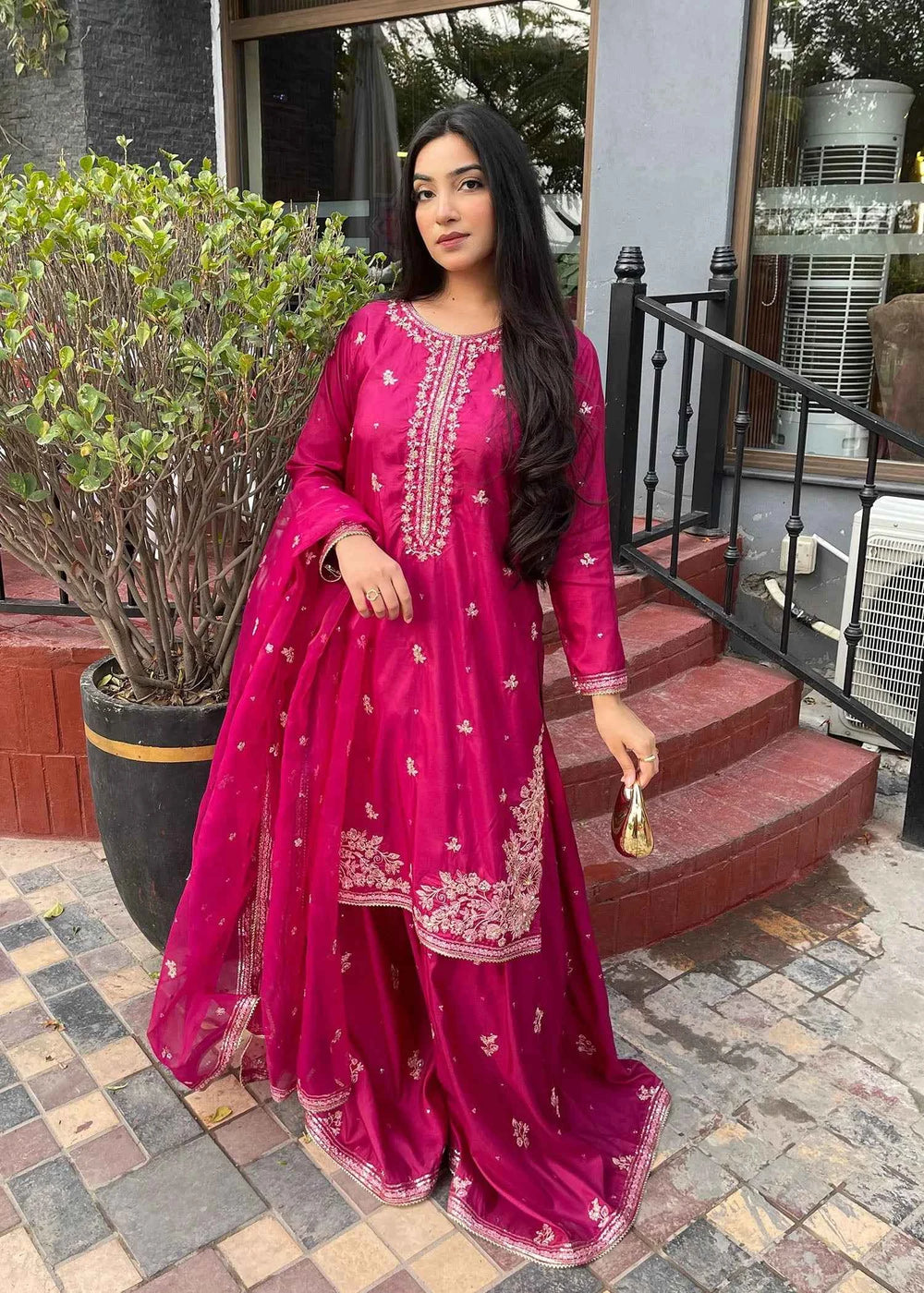 long sleeve sharara dress Alara | Magenta Silk Long Shirt Sharara Suit