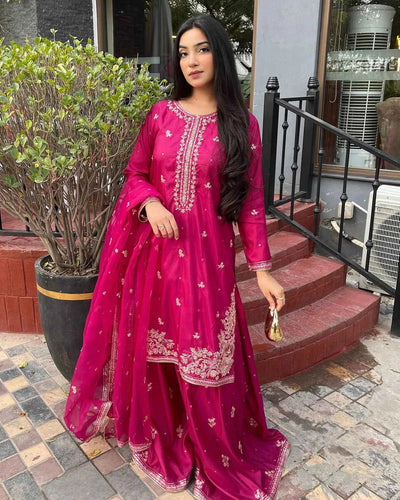 MAGENTA SPLENDOR – Magenta Embroidered Silk Sharara Suit — Party Wear 3-Piece
