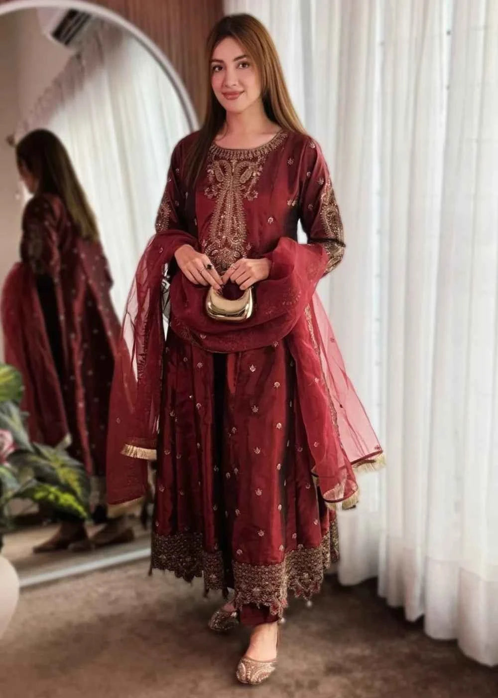 maroon silk dress pakistani Maroon Satin Designer Pakistani Suit