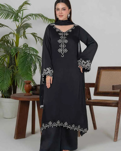 ORCHID BLACK – Black Charmeuse Adda Work A-Line Kurta Palazzo — Pakistani Semi-Formal Party Wear 3-Piece