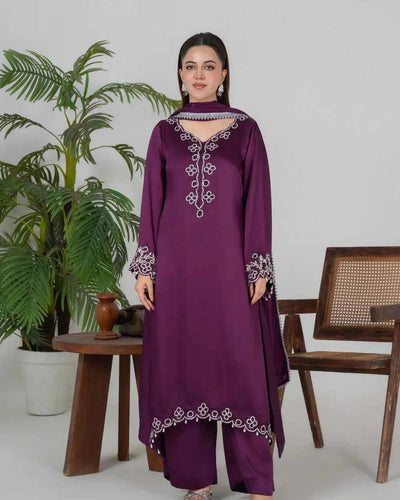 ORCHID PURPLE – Purple Charmeuse Adda Work A-Line Kurta Palazzo — Pakistani Semi-Formal Party Wear 3-Piece