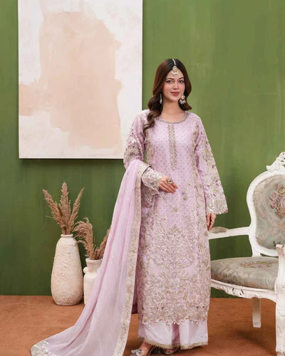 SOSAN – Pink Organza Embellished Long Shirt Flared Sharara — Pakistani Wedding Guest Wear 4-Piece