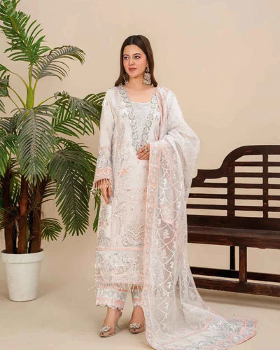 IVORIA – Off White Organza Embellished Long Kurta — Pakistani Formal Party Wear 4-Piece