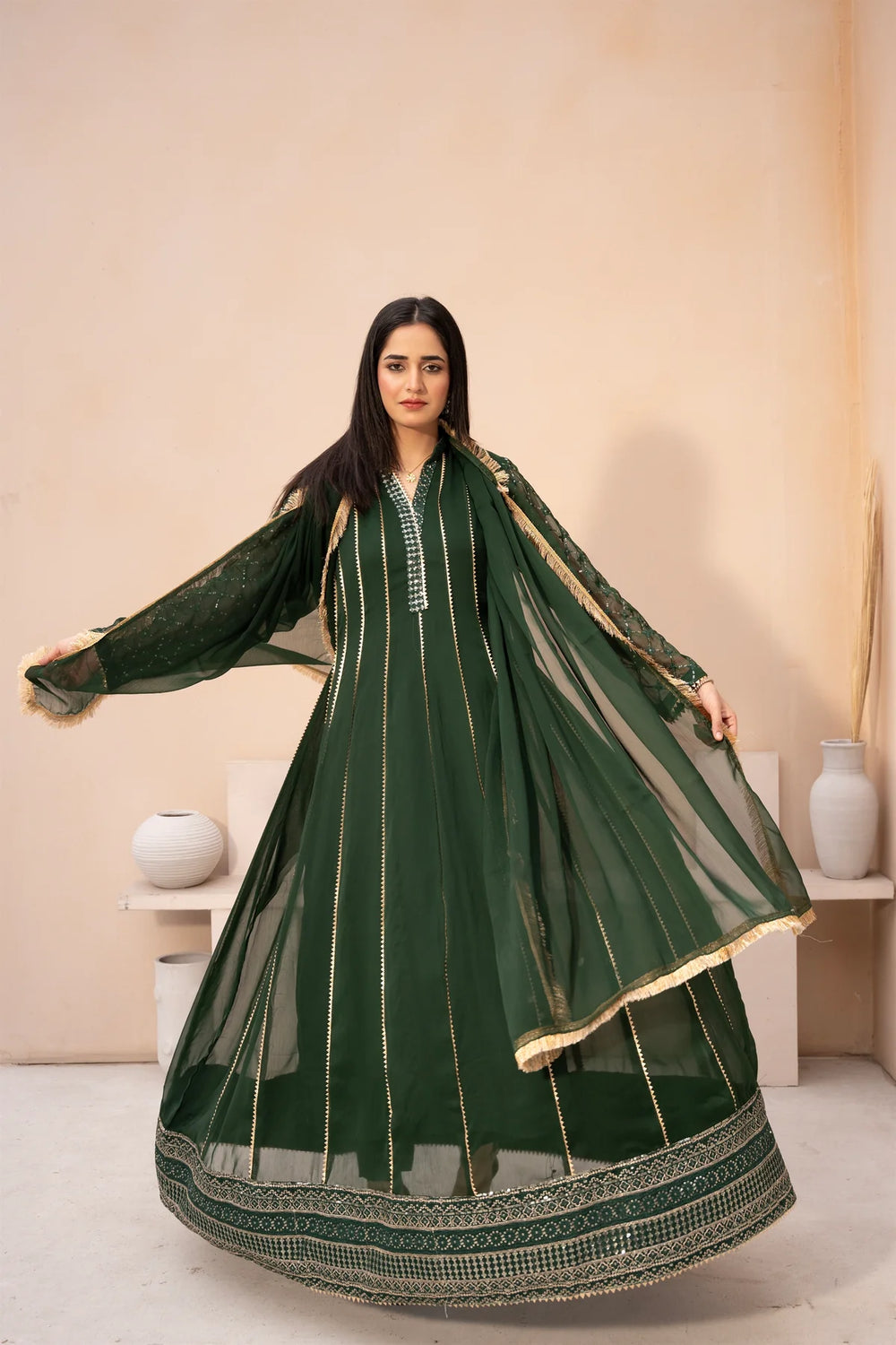 bottle green maxi dress pakistani Stunning Bottle Green Net Fabric Maxi Dress