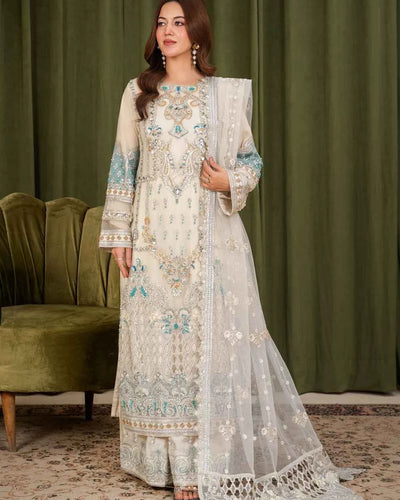 APSARA – Cream Net Embellished Long Kurta Palazzo — Pakistani Wedding Party Wear 3-Piece